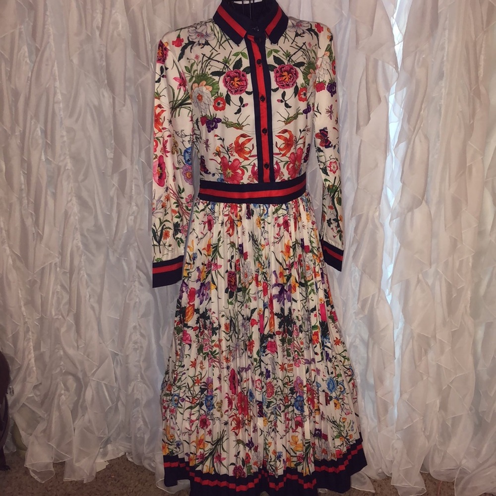 Floral Long-Sleeve Pleated Maxi Dress - White with Multicolor Floral